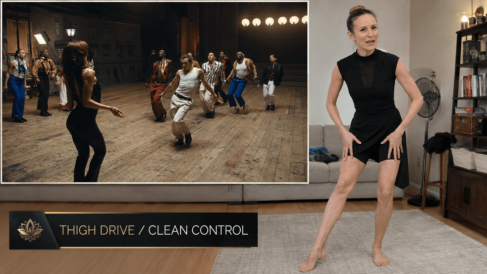 Un éducateur de danse démontrant une chorégraphie à côté d'une vidéo de performance de danse