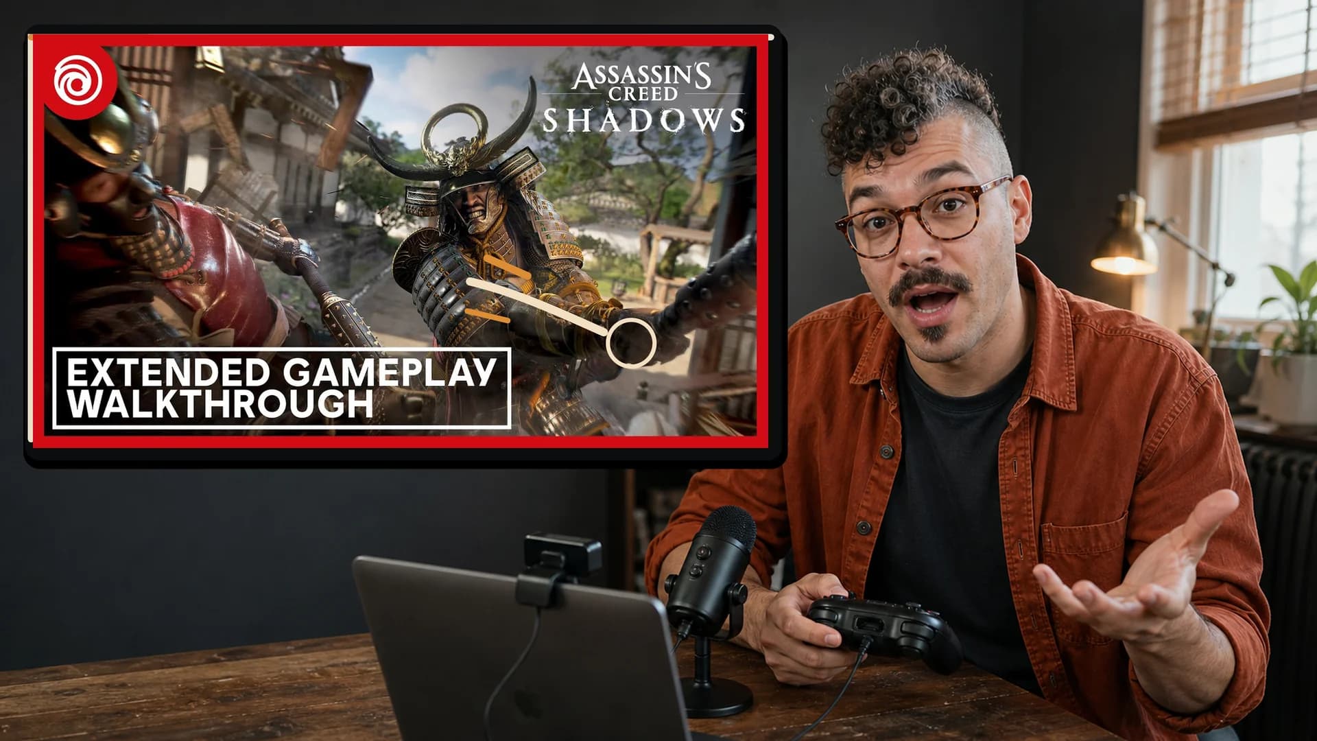 Ein Gaming-Creator reagiert in Assassin's Creed auf einen unerwarteten Moment auf einem Dach