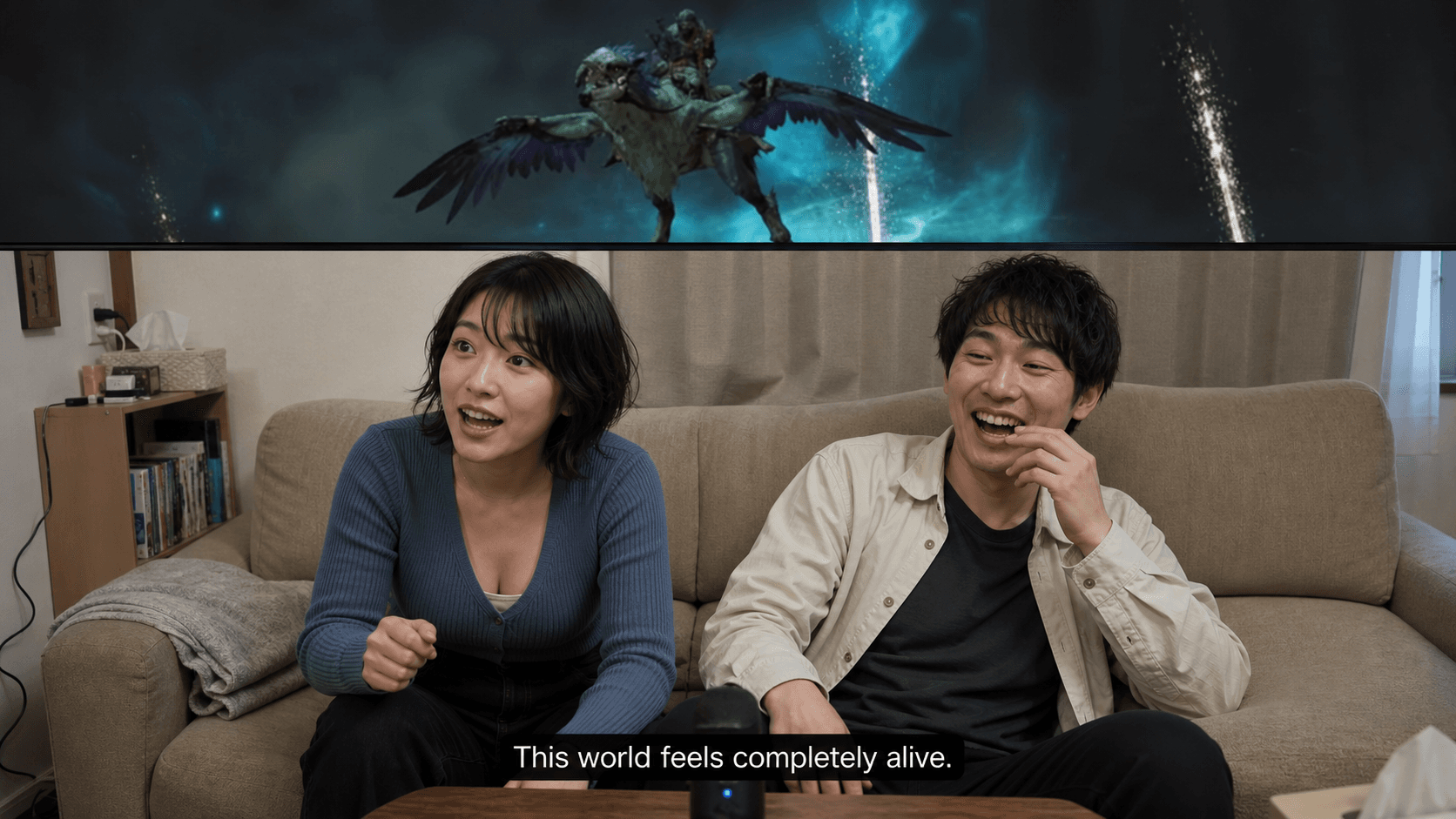 A gaming creator reacting to an unexpected rooftop moment in Assassin's Creed gameplay