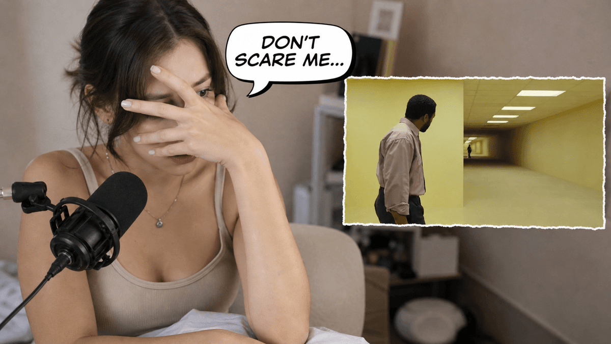 Créateur de réactions horrifiques regardant une silhouette apparaître dans un couloir liminal jaune