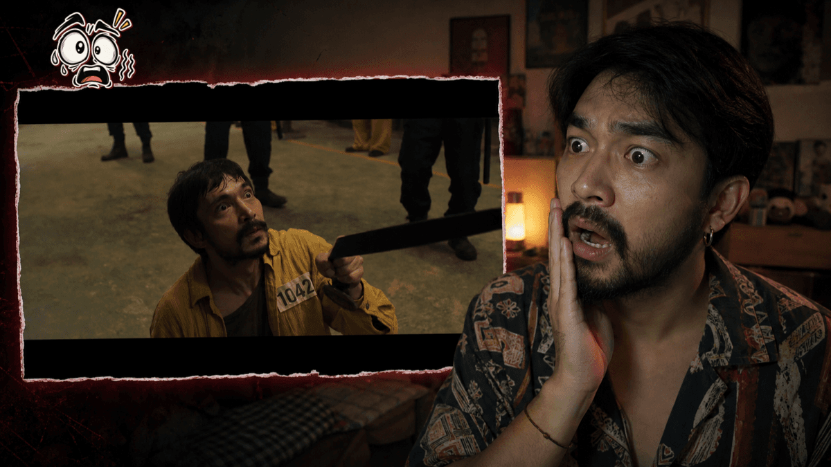 Horror reaction creator watching a figure appear in a yellow liminal hallway