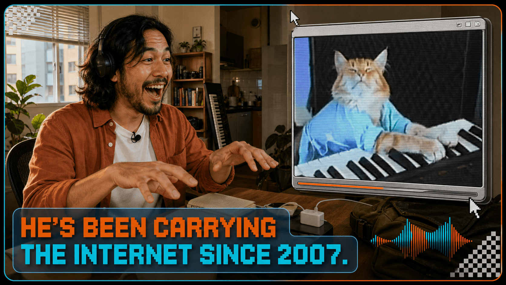 Twee makers lachen naast een verticale waakhond-meme clip in een split-screen reactie lay-out
