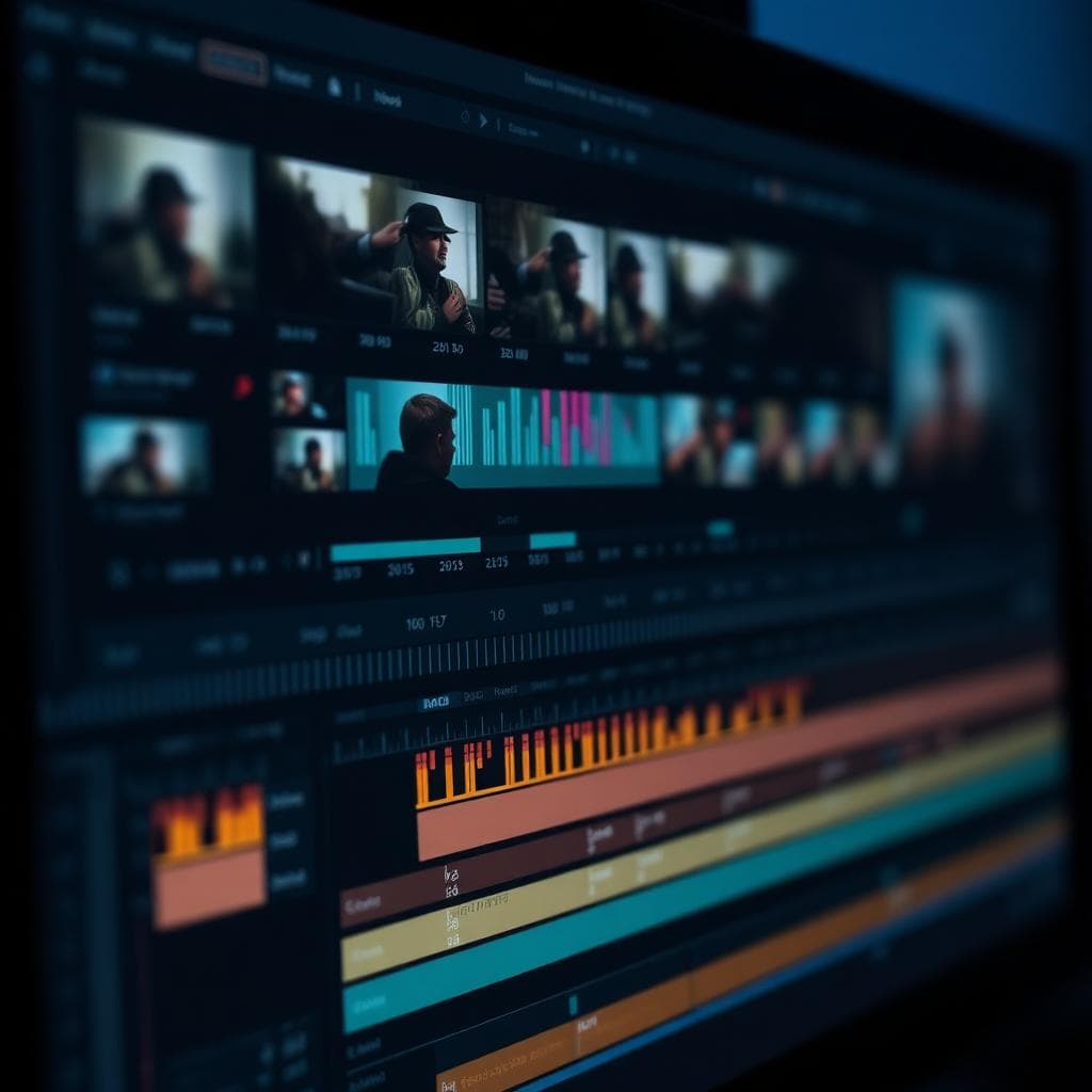 Illustrative close-up of a video editor showing a densely packed timeline with reaction peak markers
