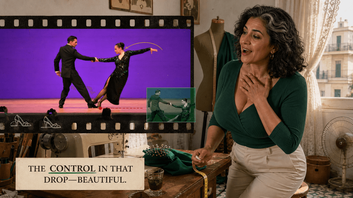 A dance educator demonstrating choreography beside a dance performance video