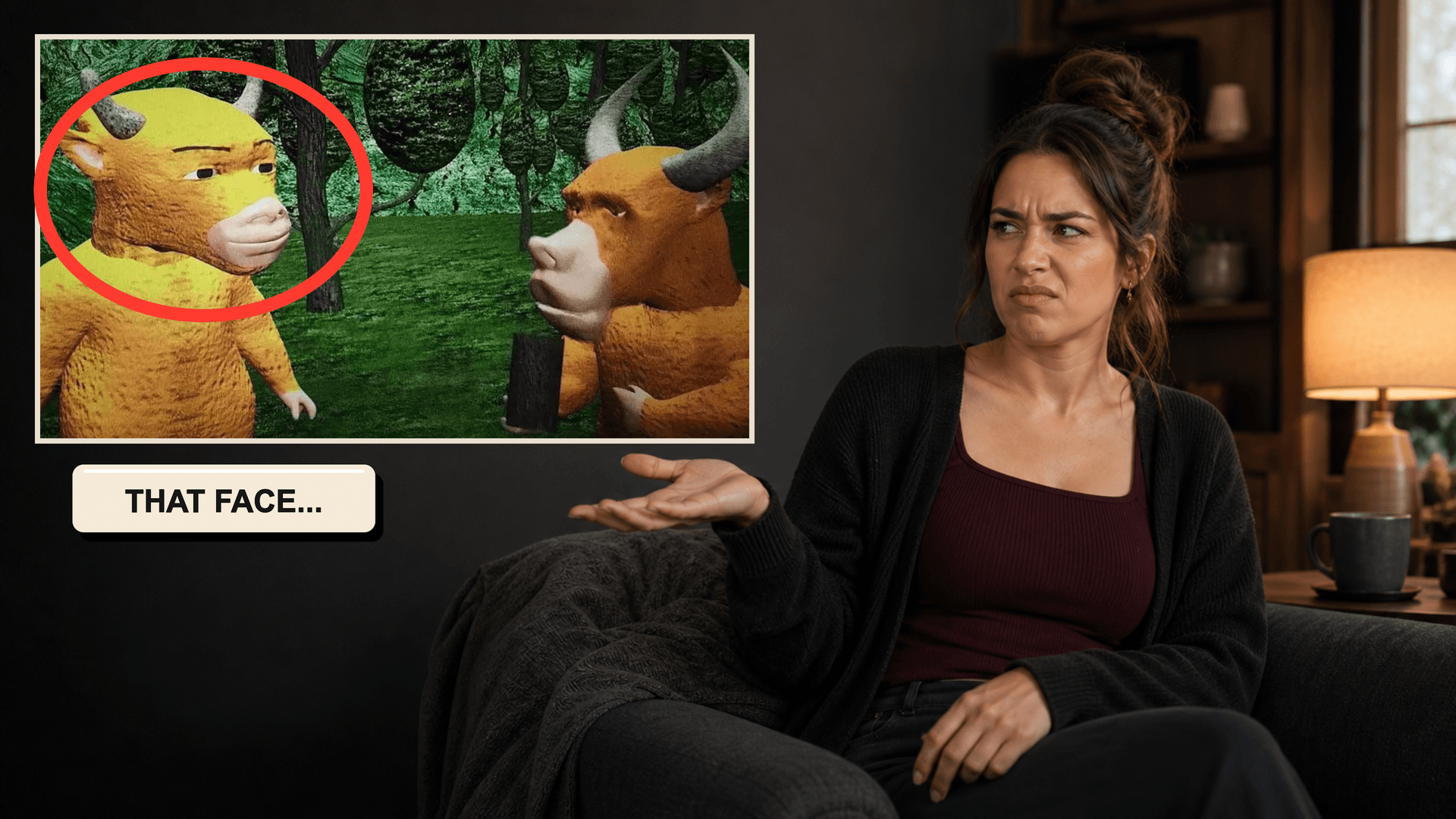 Couple on a couch reacting in shock to a film on a large screen while a camera on a tripod records them