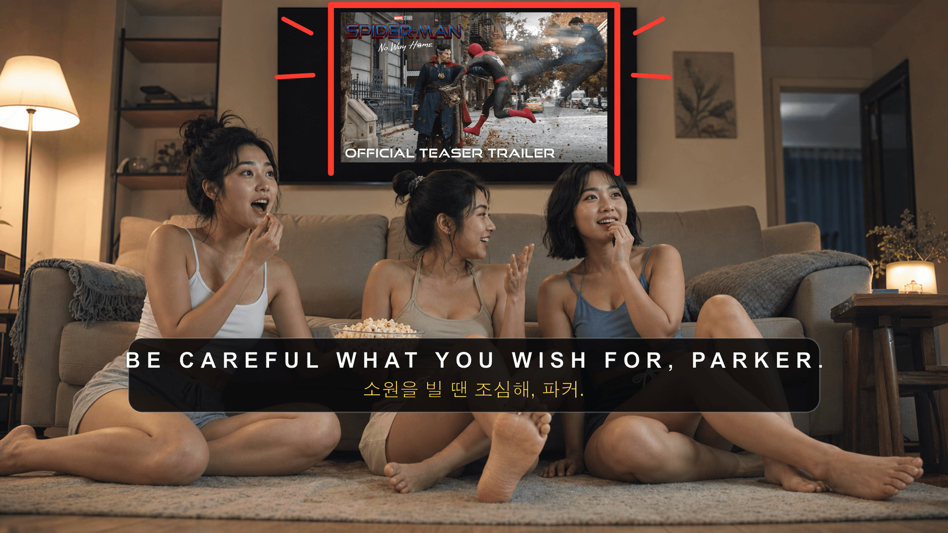 Three adult movie trailer reaction creators discussing the official Spider-Man No Way Home teaser with bilingual subtitles