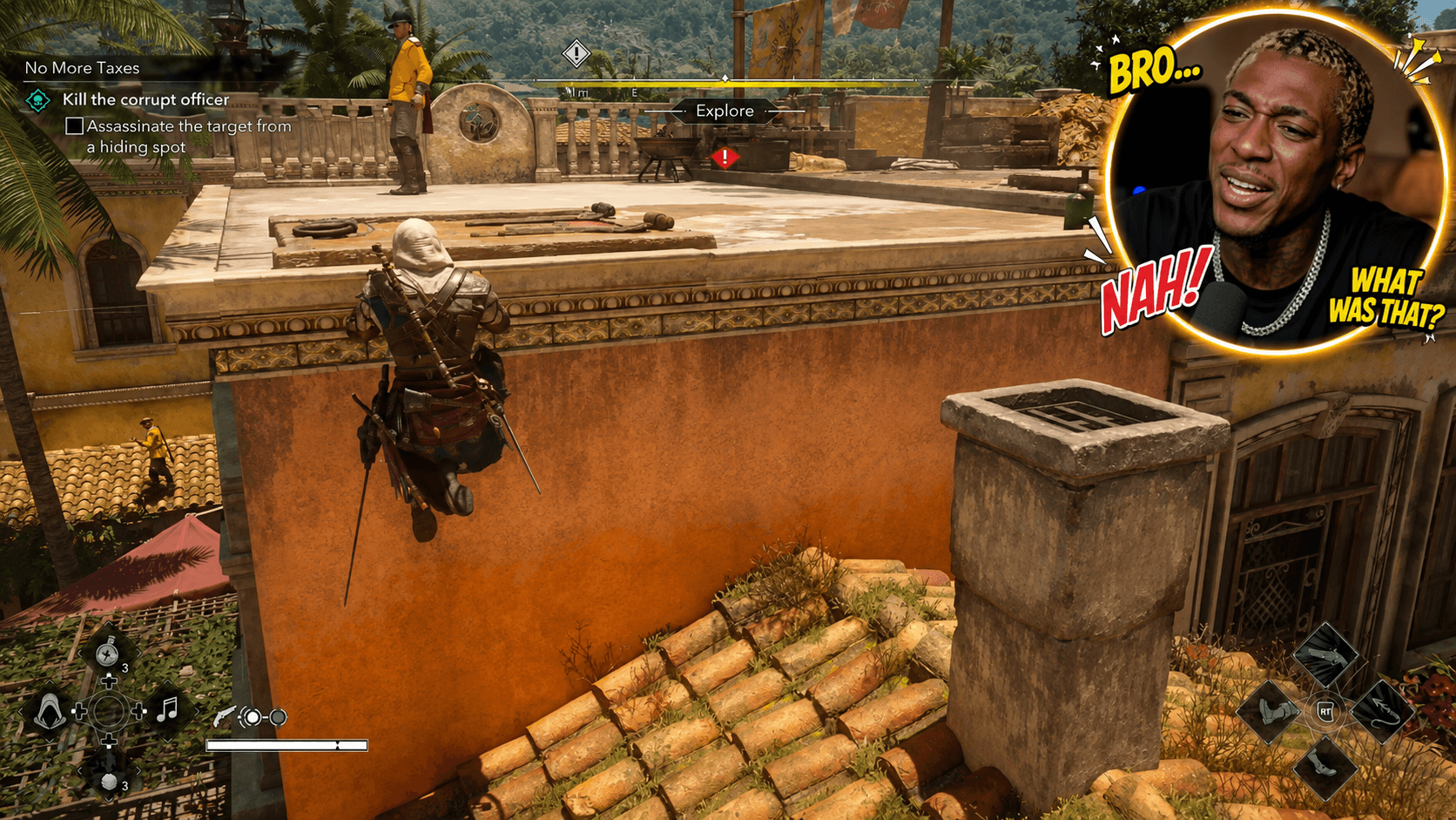Ein Gaming-Creator reagiert in Assassin's Creed auf einen unerwarteten Moment auf einem Dach