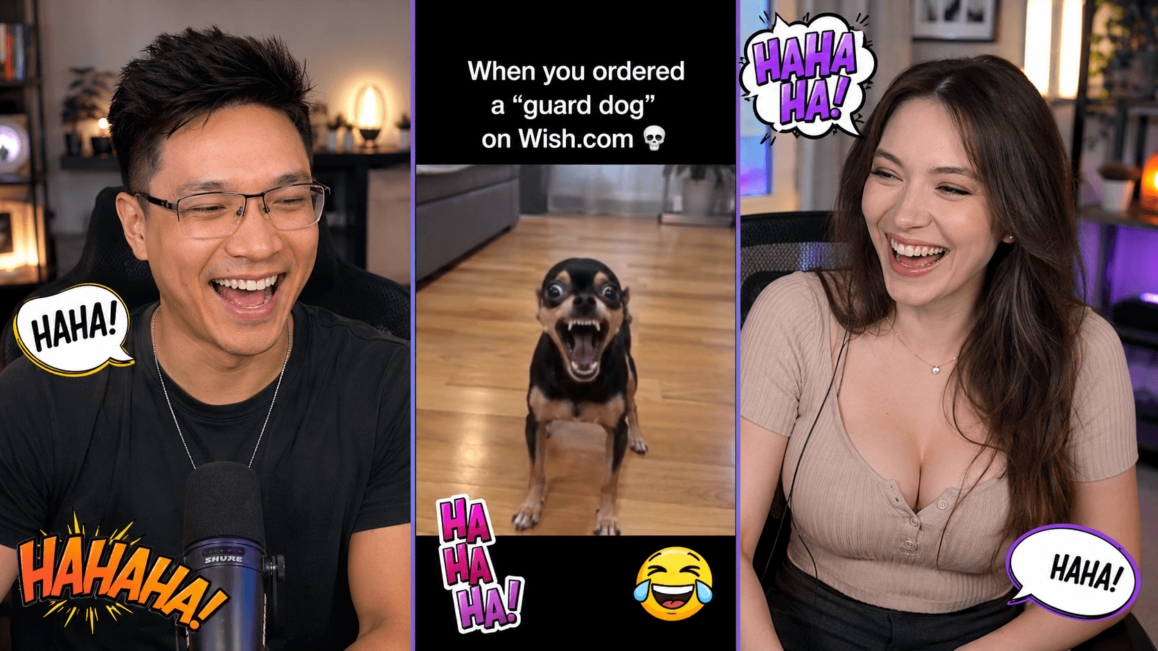 Two creators laughing beside a vertical guard-dog meme clip in a split-screen reaction layout