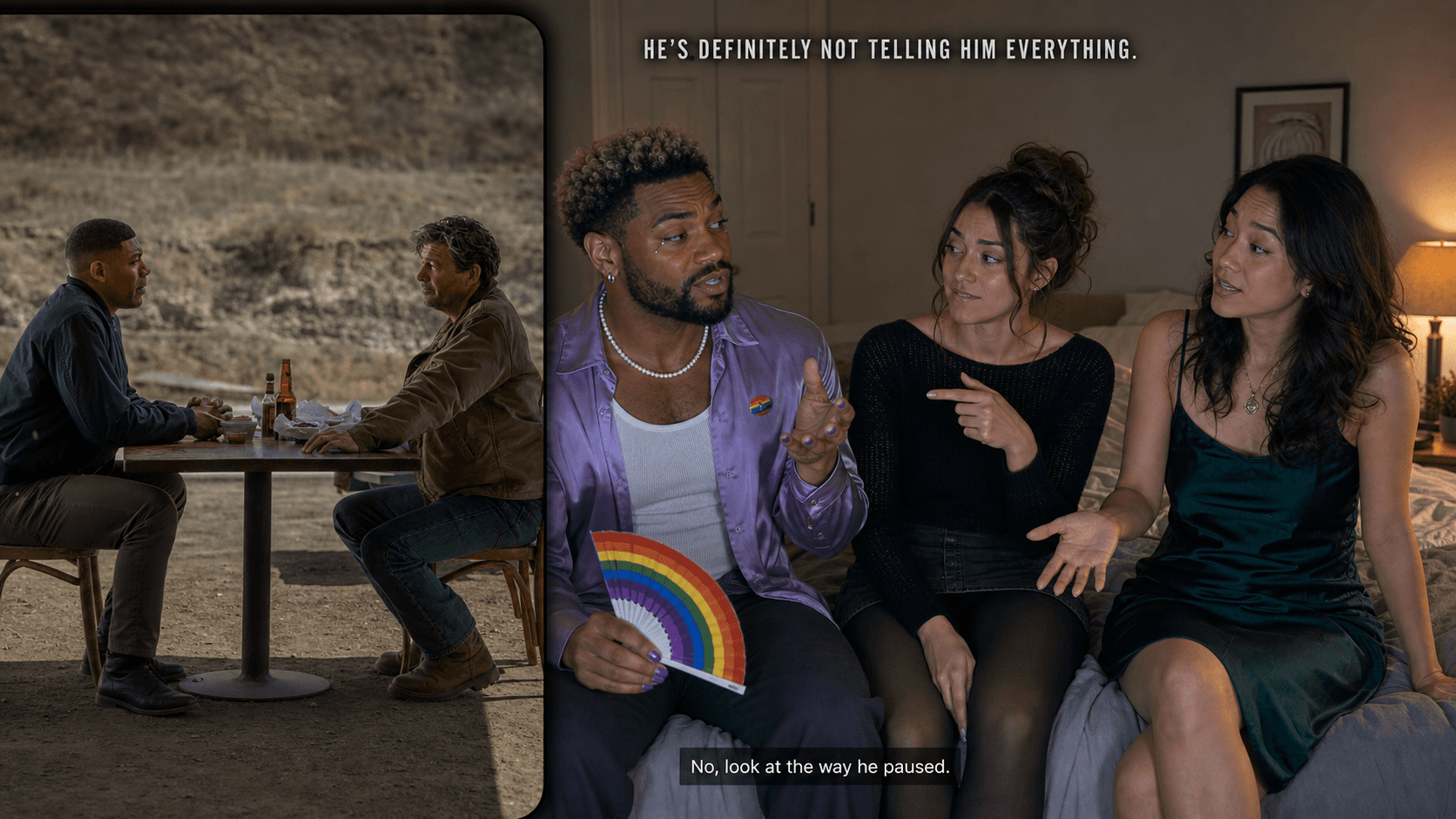 Group of four creators on a couch reacting to a TV drama episode with multiple cameras recording them in a dark studio