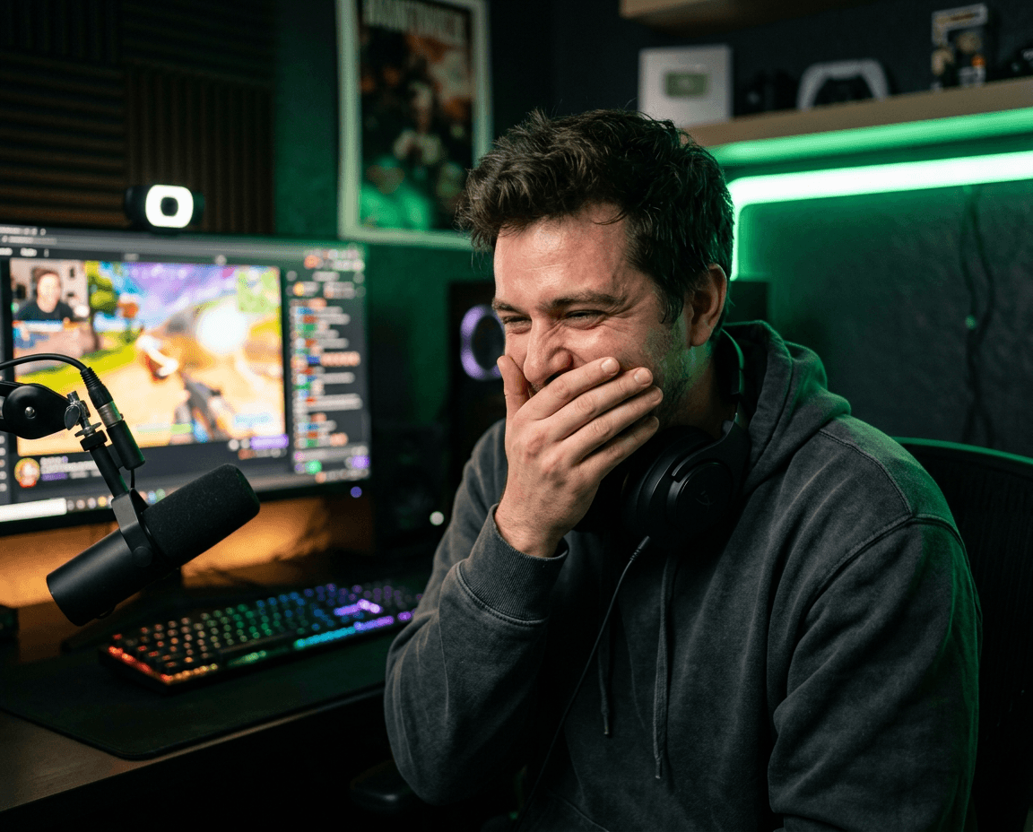 Creator with hands over their mouth, mid-laugh break during a try not to laugh challenge