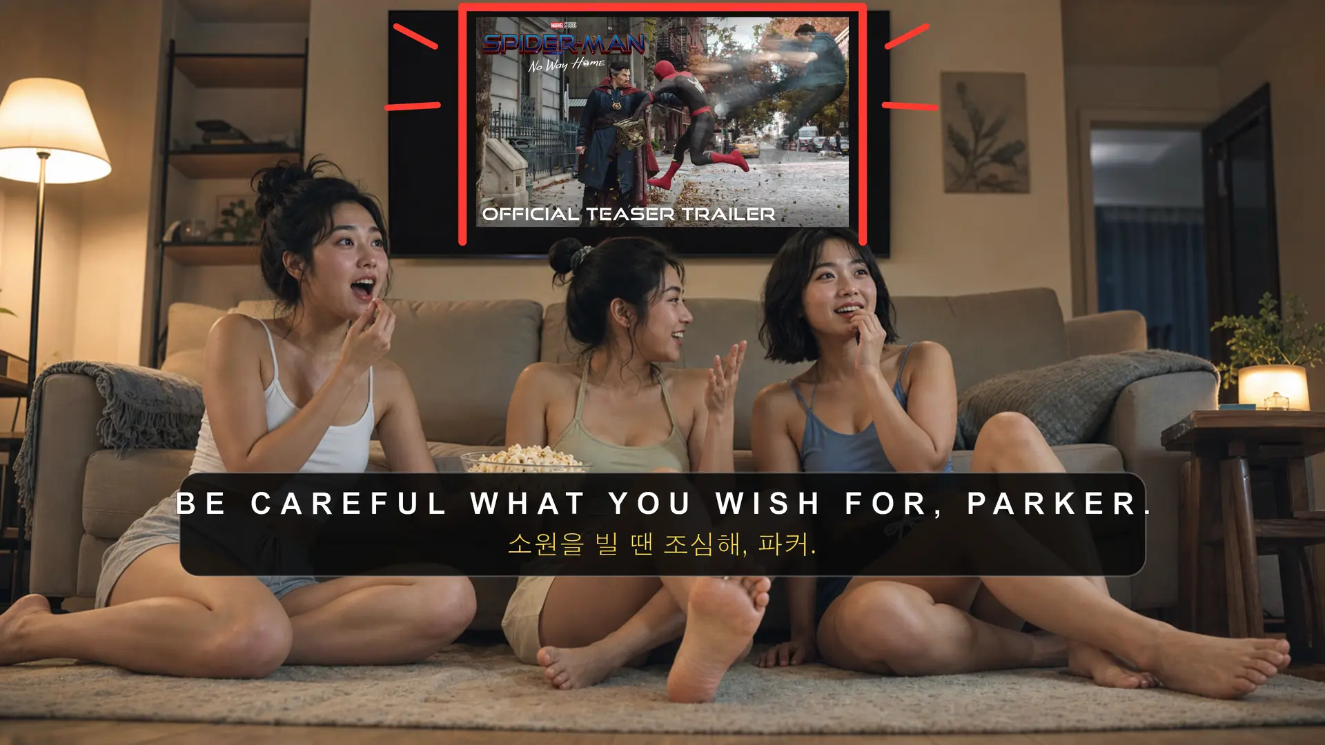 Three adult movie trailer reaction creators discussing the official Spider-Man No Way Home teaser with bilingual subtitles