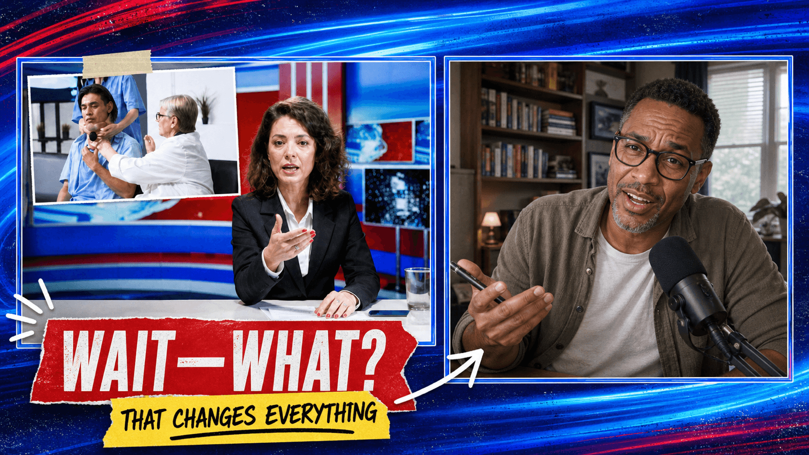 News reaction layout with a breaking-news source panel and a commentator speaking from a study